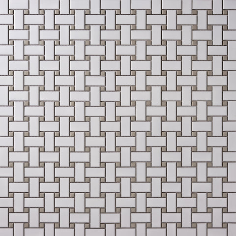 Simple White and Gray Basketweave Ceramic Matte Mosaic